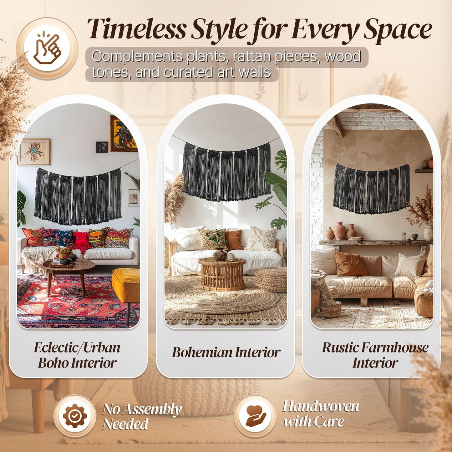 Flexzion Macrame Wall Decor Hanging Boho Hand Woven Tapestry Art Bunting Banner Bohemian Wall Decor for Home Bedroom Living Room Rustic Hippie Garland Baby Nursery, 47 Inch Black Cotton Curtain