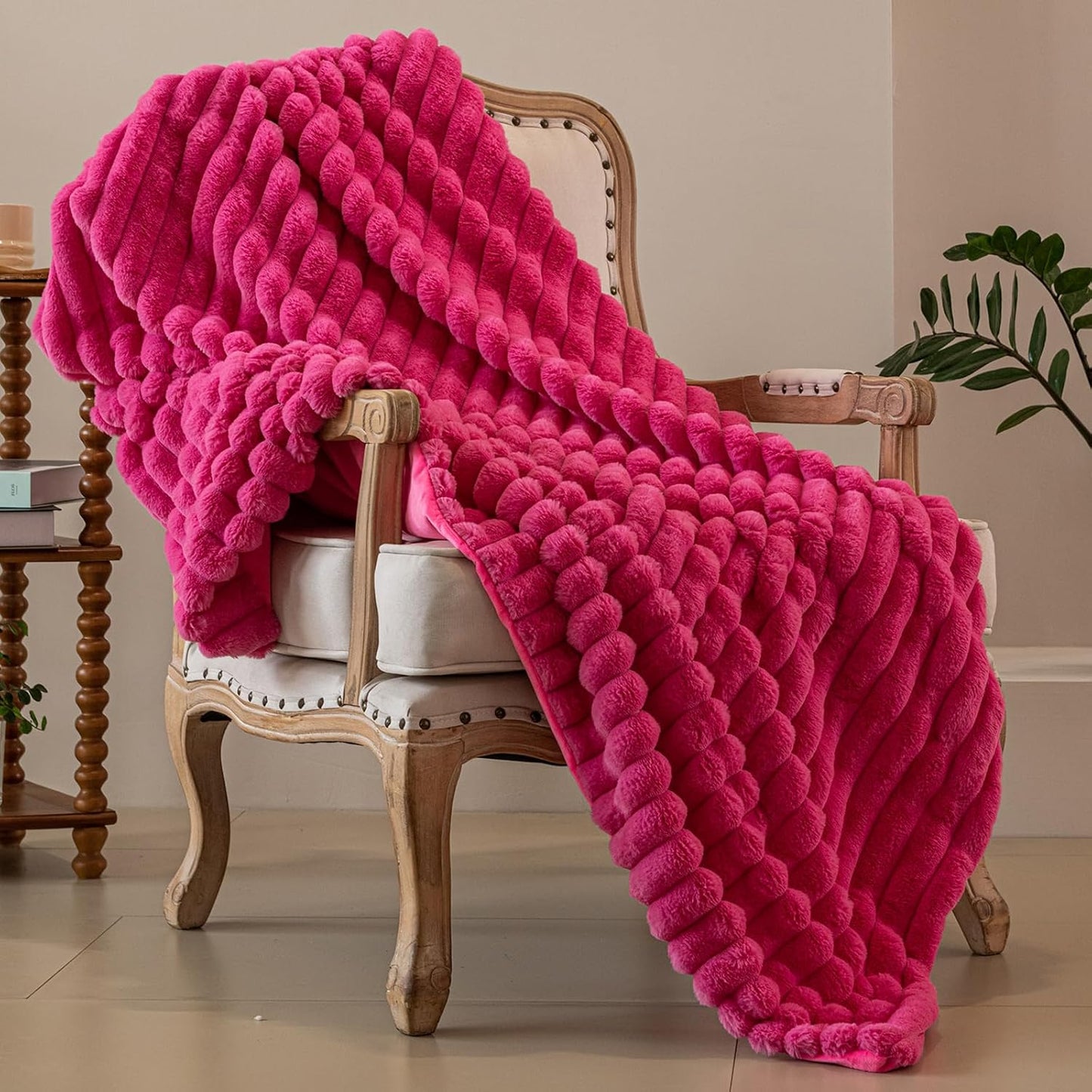 Hot Pink Faux Fur Throw Blanket for Couch, Fuzzy Cozy Soft Warm Plush Striped Throw Blanket, Christmas Decorative Fluffy Winter Blanket for Sofa Bed Living Room Home Decor, 60"x80"