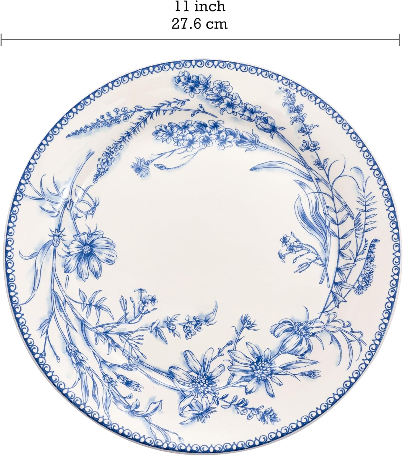Bico Blue Garden Toile De Jouy Dinner Plates Set of 4, 11 Inch Large Ceramic Plates for Pasta, Steak, Stylish Serving Dishes, Microwave and Dishwasher Safe, Gift for Housewarming and Thanksgiving