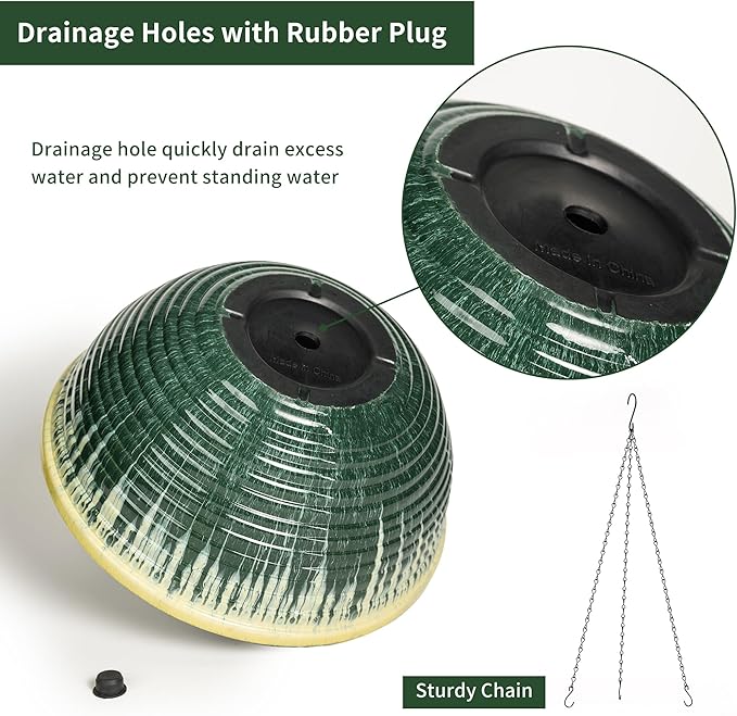 12 inch Large Hanging Planters for Indoor Outdoor Plants, Set of 2 Glazed Hanging Flower Pots with Drainage Hole, Hanging Baskets for Garden Home Porch Decor