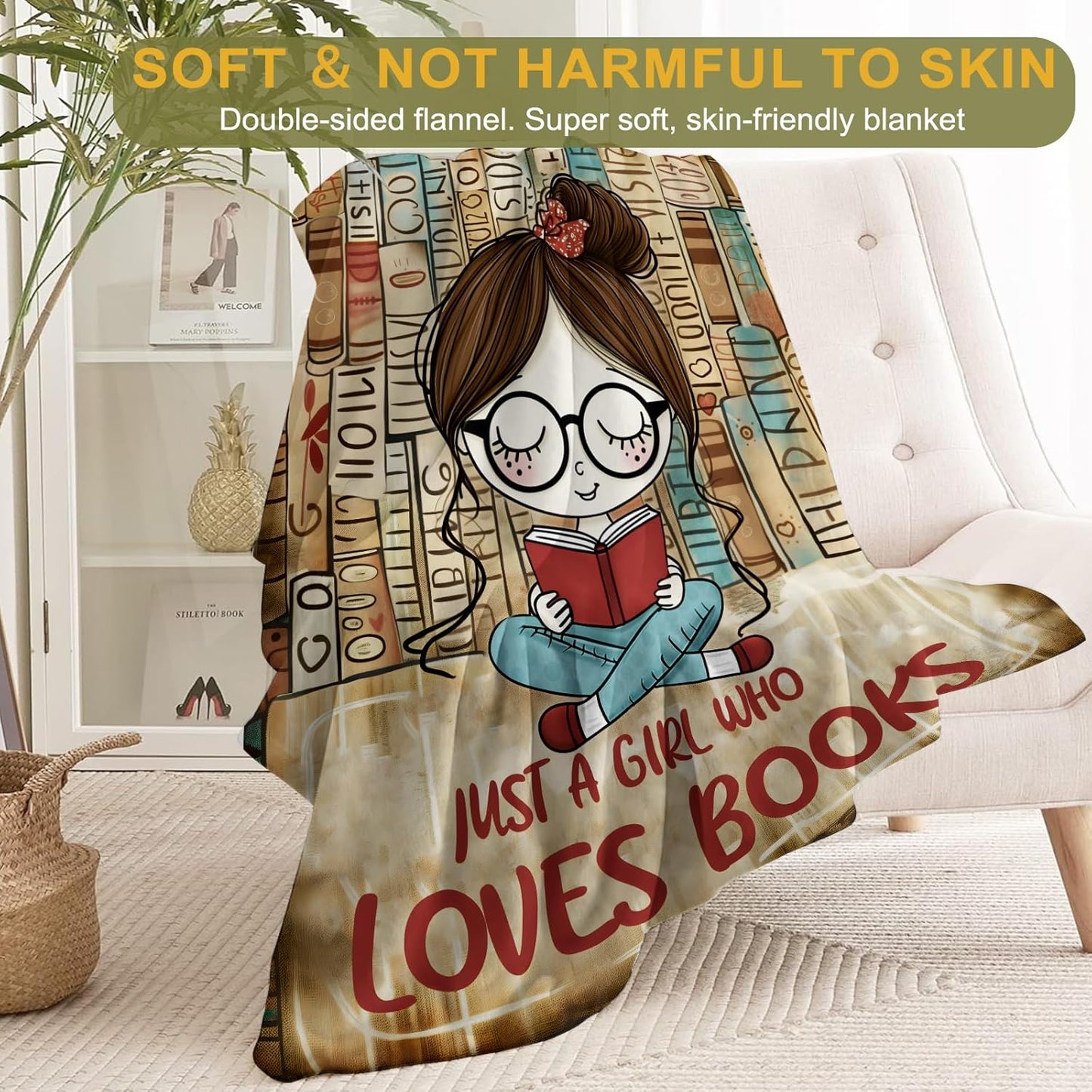 Just a Girl Who Loves Books Flannel Blanket - Lightweight Soft Cozy Unique Gifts Blankets for Reader Lovers,Kids,Adult,Women, Cute Reading Nook Style Throw,Home Room Modern Decor 40x50in