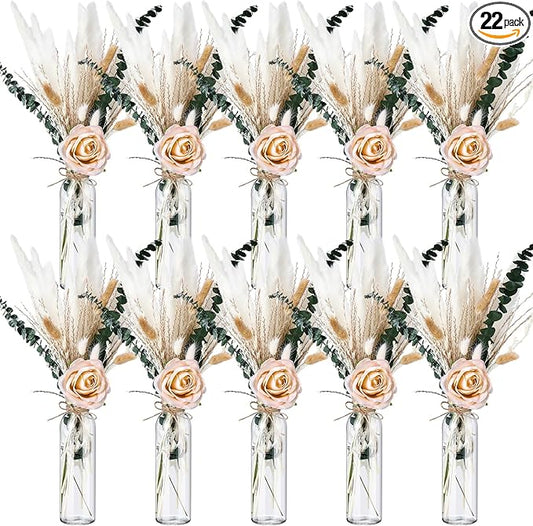 10 Set Dried Pampas Grass Centerpiece for Wedding 10 Clear Glass Jars 10 Artificial Roses 80 Dried Pampas Grass with Rope for Baby Shower Rustic Bridal Party Farmhouse Decoration (Champagne)