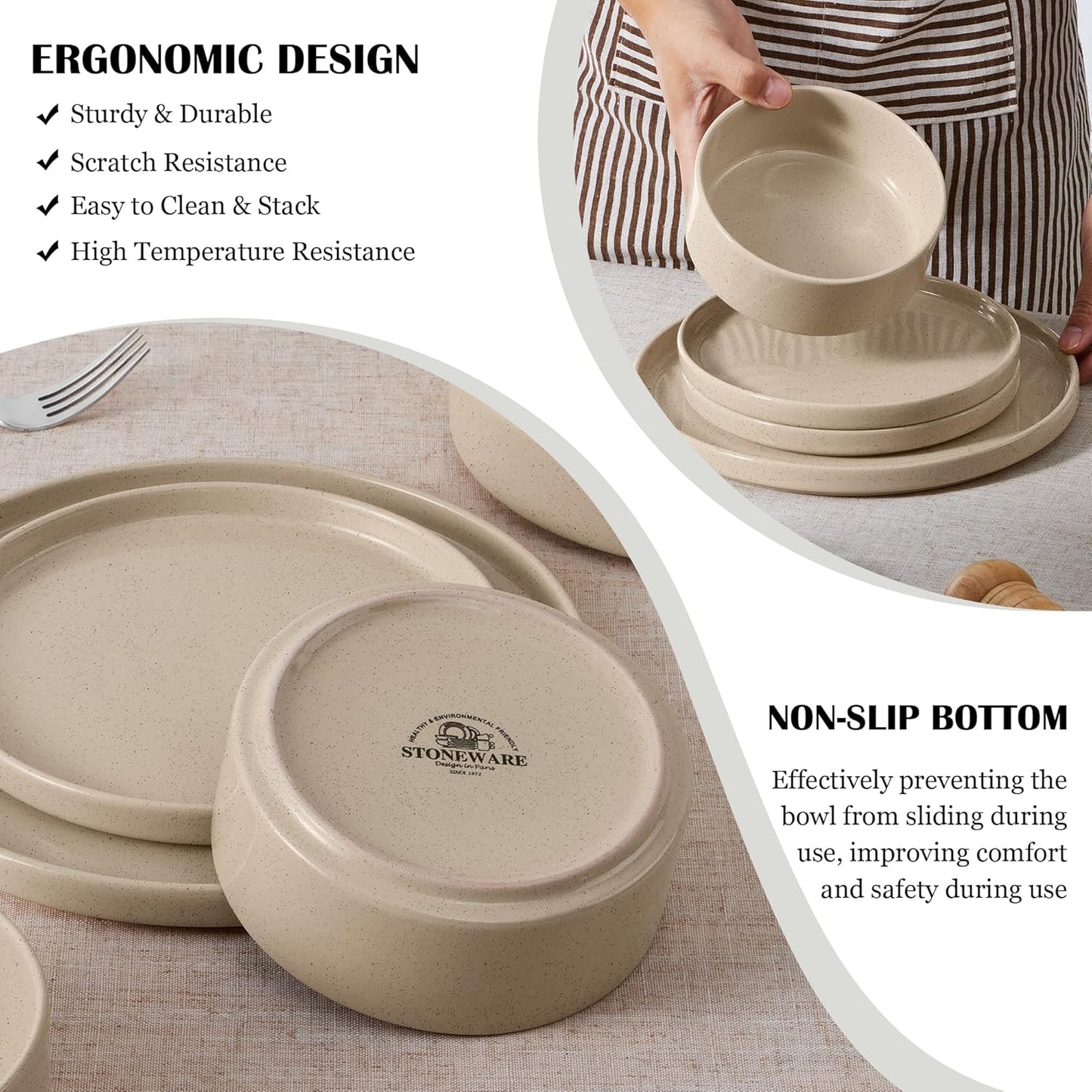 E-far Dinnerware Sets for 6, 18-Piece Stoneware Plates and Bowls Dish Set, Modern Kitchen Dinning Dishware, Chip and Scratch Resistant, Microwave & Dishwasher Safe, Speckled Khaki