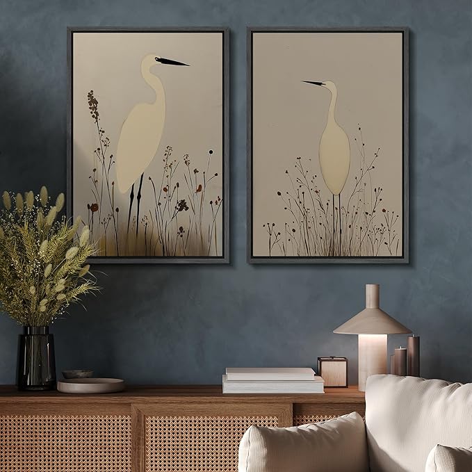 SIGNFORD Framed Canvas Print Wall Art Set Minimalist Heron Art Simplified Shapes in Neutral Tones Illustration Modern Art Decorative Nordic Nature for Living Room, Bedroom, Office - 24"x36"x2 Black