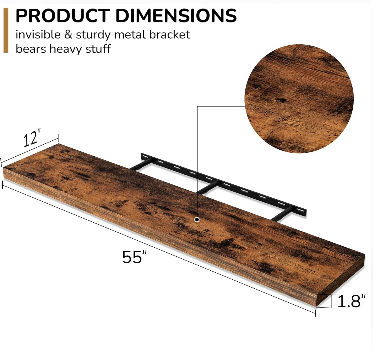 Fun Memories 55 Inch Floating Shelves - 12 Inch Deep Rustic Wooden Wall Shelves - Extra Deeper & Thicker Wall Mounted Storage Shelf for Living Room, Kitchen, Farmhouse - 55" W x 12" D x 1.8"H - Brown
