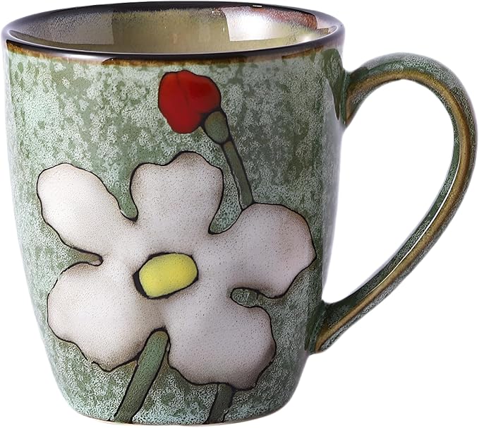 12oz/350ml Ceramic Coffee Mug with Handle,Hand Painted Vintage Floral Cappuccino Cup, Suitable for Tea Cups,Colorful Stoneware Coffee Mugs and Drinking Cup,Ideal Gifts for Women and Men-Green