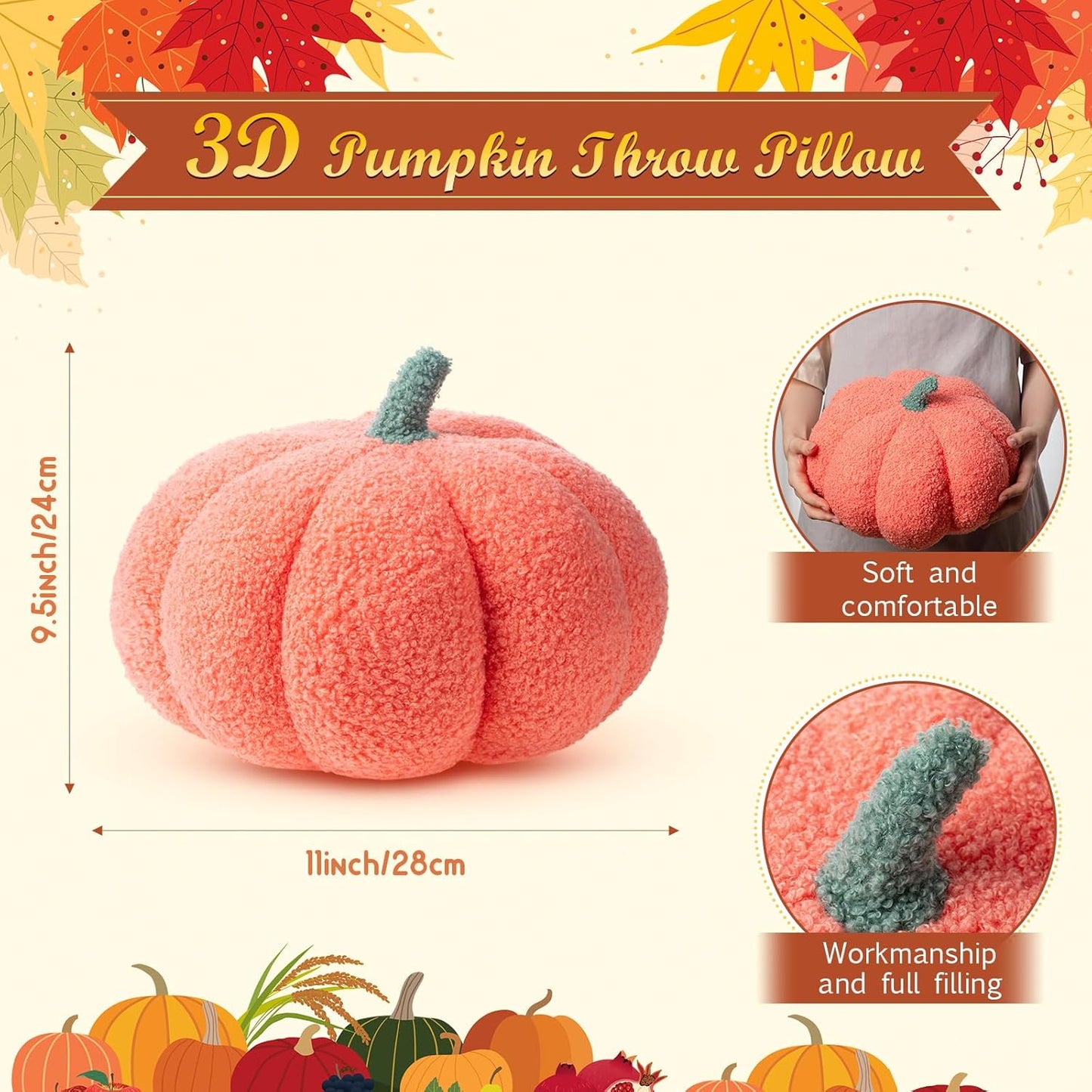 Kajaia 1 Pcs Simulated Pumpkin Pillow Plush 11 x 9.5 Inch 3D Cushion Fall Decorations Stuffed Throw Pillows Toy for Thanksgiving Christmas Halloween Bedroom Sofa Couch Supplies (Pink)