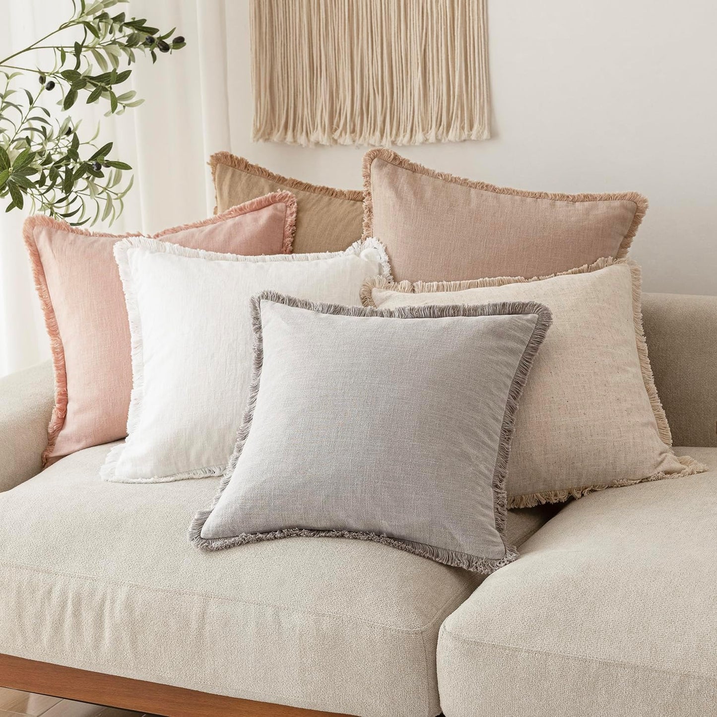 Foindtower Decorative Linen Fringe Throw Pillow Covers Cozy Boho Farmhouse Cushion Cover with Tassels Soft Accent Pillowcase for Chair Sofa Bed Living Room Home Decor, 12×24 Inch, 1PC,Light Pink