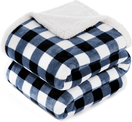 BEAUTEX Sherpa Fleece Blanket Twin Size, Super Soft Warm Buffalo Plaid Plush Gig Blankets, Lightweight Cozy Fuzzy Blanket for Couch Sofa Bed (NavyBlue, 60" x 80")