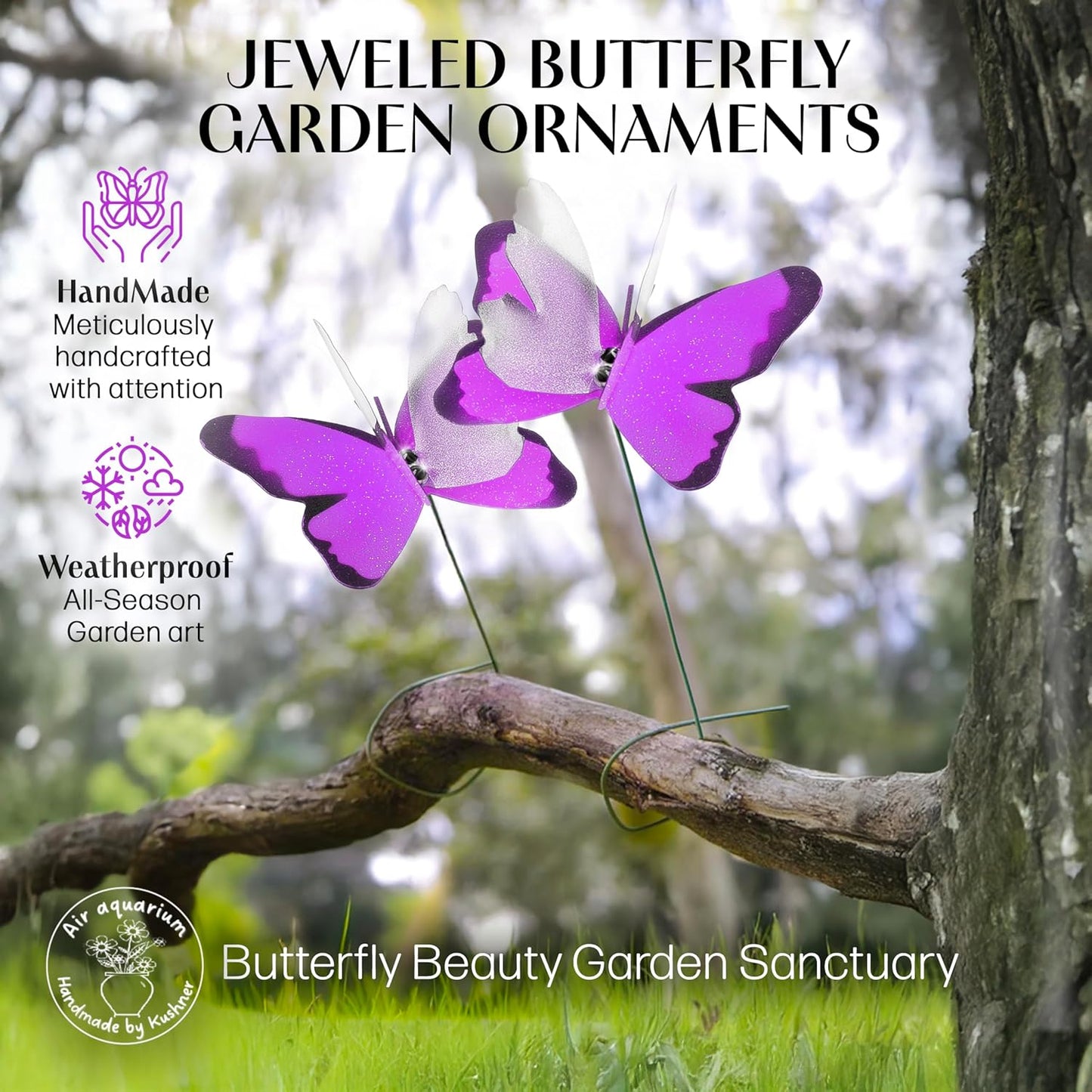 Handmade Butterfly Garden Stakes – Set of 7 Purple Decorative Butterflies Idea for Garden & Nature Lovers – Outdoor & Indoor Garden Decor – Air Aquarium Handmade by Kushner