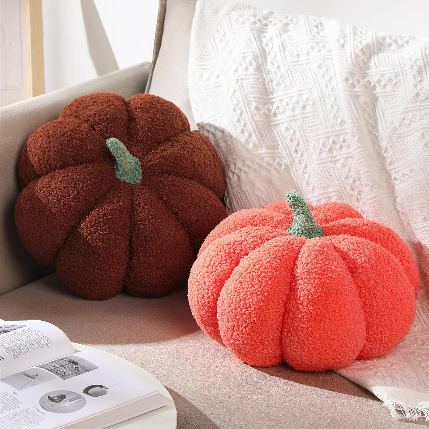 Kajaia 2 Pcs Simulated Pumpkin Pillow Plush 11 x 9.5 Inch 3D Cushion Fall Decorations Stuffed Throw Pillows Toy for Thanksgiving Christmas Halloween Bedroom Sofa Couch Supplies (Orange,Brown)