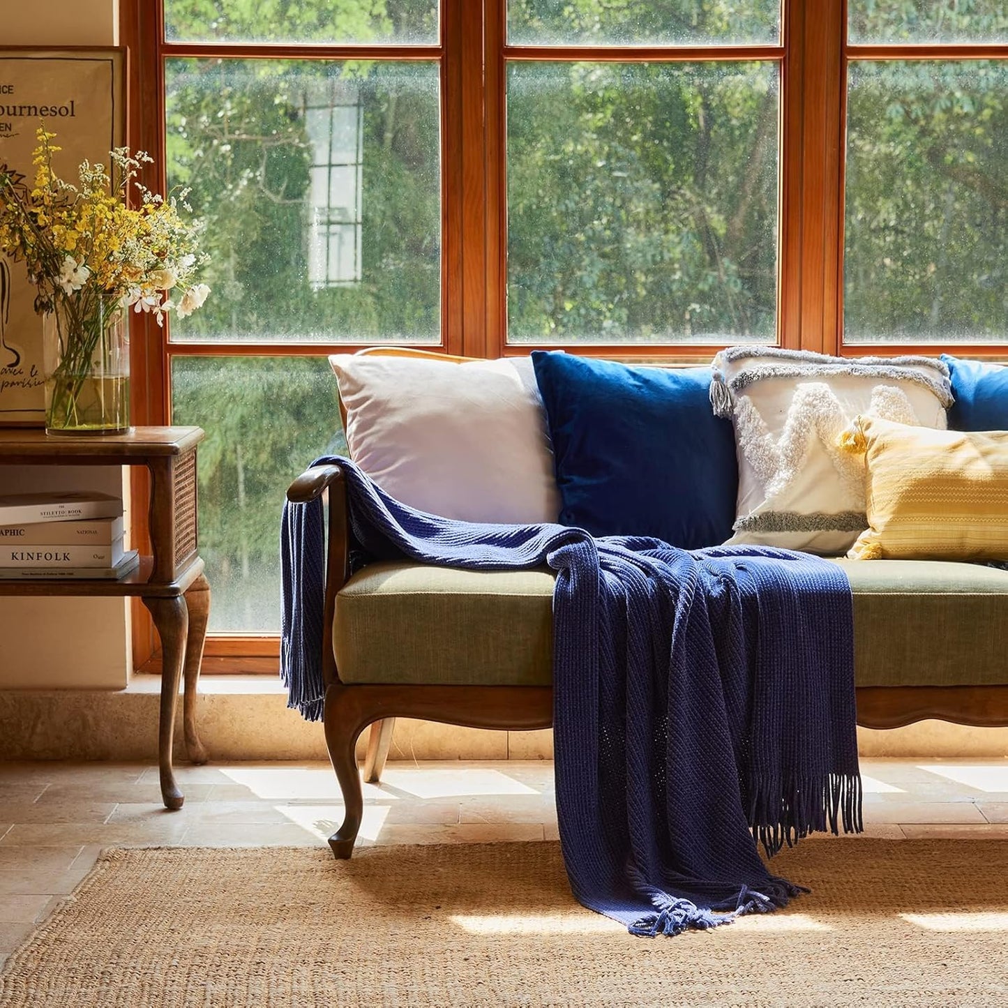 lifein Throw Blanket for Couch, Soft Boho Decor Bed Throw,Cozy Blue Chenille Knitted Small Farmhouse Lightweight Throw (Blue,60 * 80")