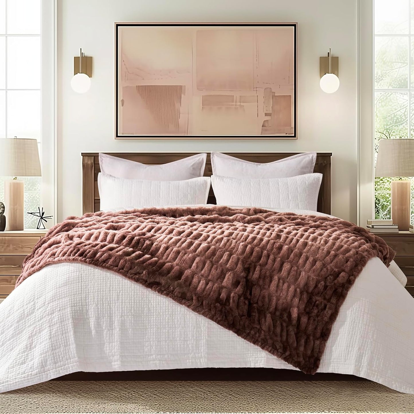 EVERGRACE Luxurious Soft Faux Rabbit Fur Throw Blanket, Cozy Fuzzy Plush Warm Throws for Couch Bed Sofa Chair Home Decor, Ruched Bubble Fluffy Blanket with Reversible Velvet, 50" x 60", Mocha Brown