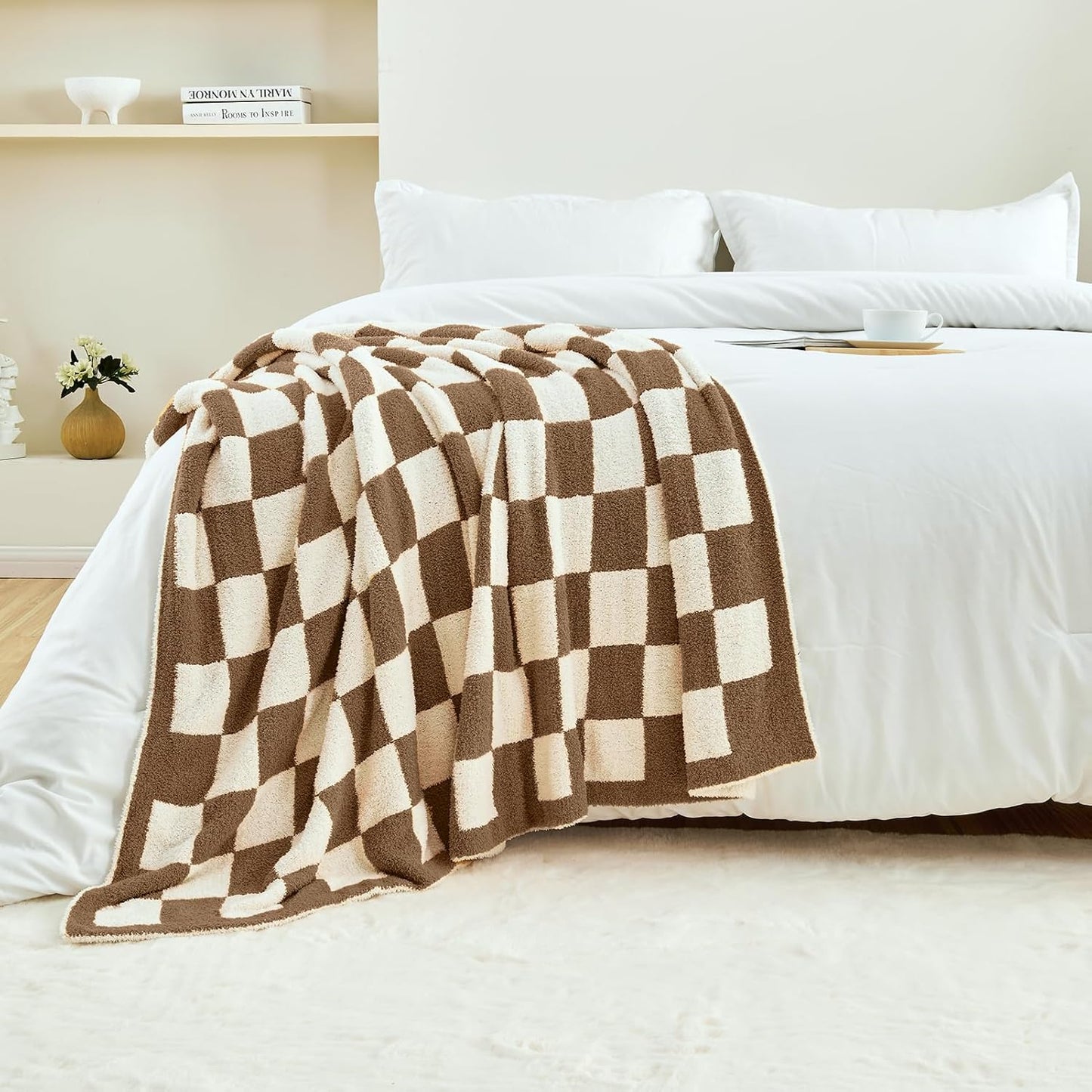 CozeCube Super Soft Fullfy Microfiber Reversible Knitted Blankets, Warm Cozy Fuzzy Plush Throw, Dark Brown and White Checkered Throw Blanket for Couch Bed Sofa, 60" x 80"