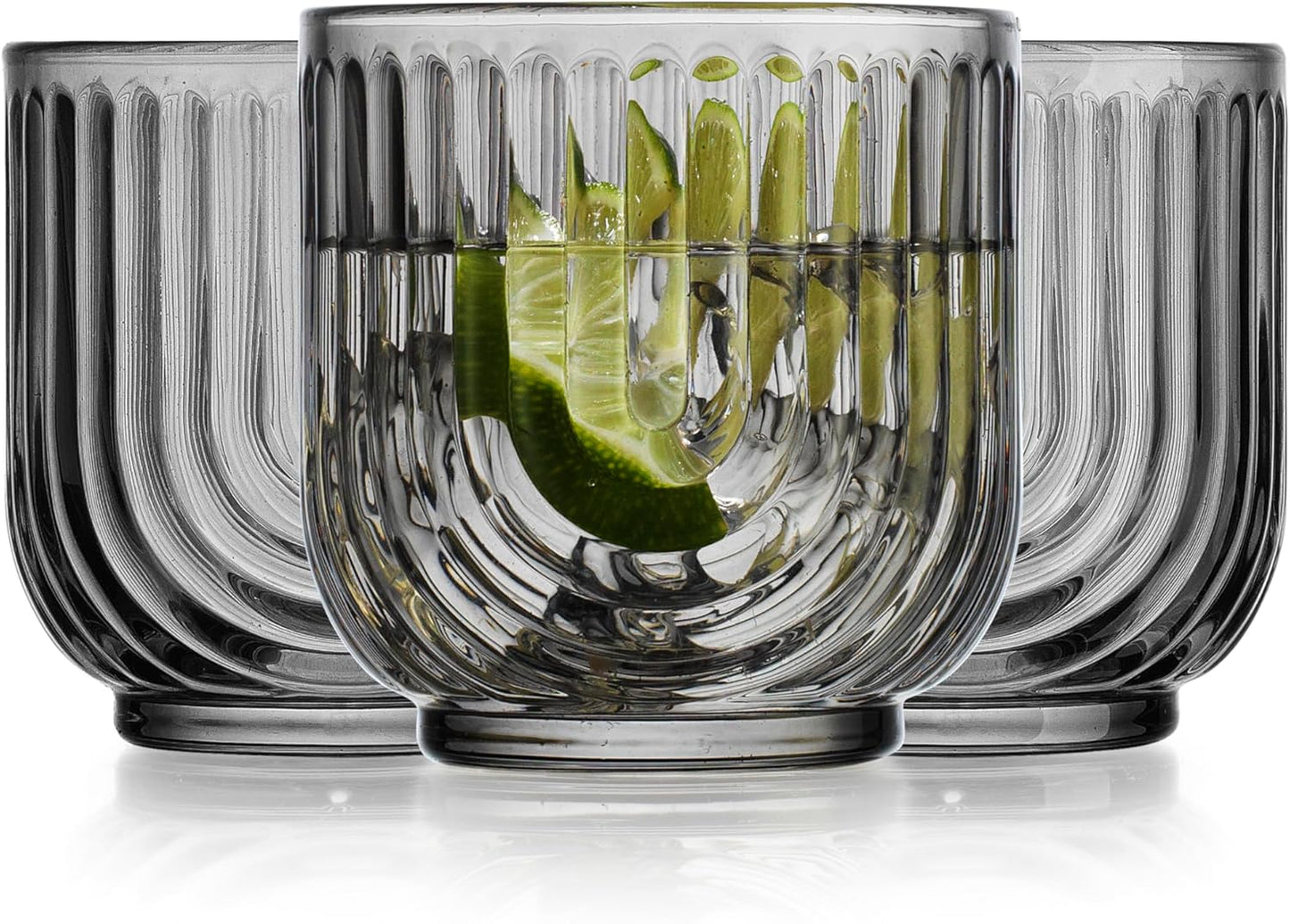 Glaver's Vintage Glassware Art Deco Glasse Ribbed Drinking Glasses U-Shape Arch Design Colored Cocktail Kitchen Tumblers Everyday Dinner Decorative Party, (Smoke S/4 11oz)