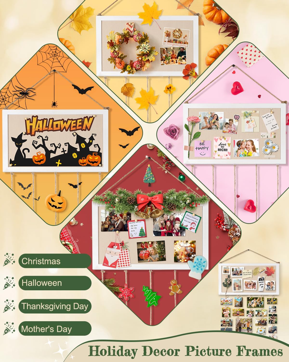 Bikoney Large Collage Picture Frame with Bulletin Board, Hanging Photo Display for Multiple Pictures, Wall Photo Organizer with 30 Clips & 6 Pushpins, Self Adhesive Hooks – No Drill Wood Photo Board for Room Decor