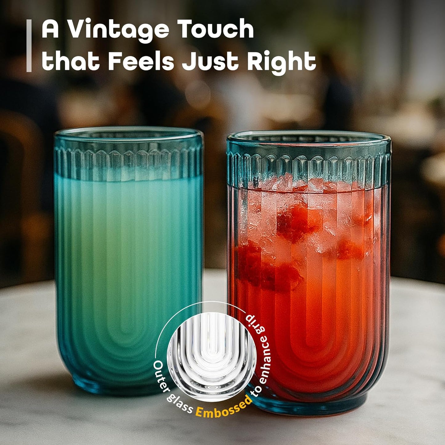 Glaver's Vintage Glassware Art Deco Glasse Ribbed Drinking Glasses U-Shape Arch Design Colored Cocktail Kitchen Tumblers Everyday Dinner Decorative Party, Blue (Blue S/4 17oz)