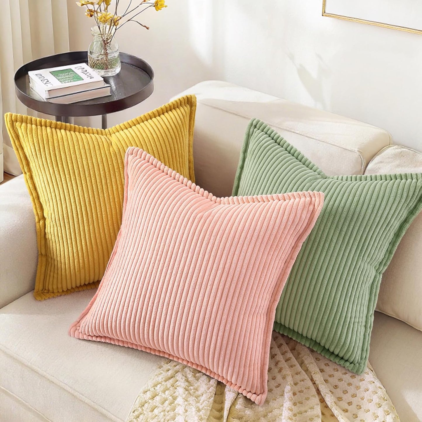 decorUhome Corduroy Pink Throw Pillow Covers 26x26 Set of 2 Decorative Soft Boho Farmhouse Euro Couch Pillow Covers for Living Room Bed Sofa Broadside Striped Pillow Cases