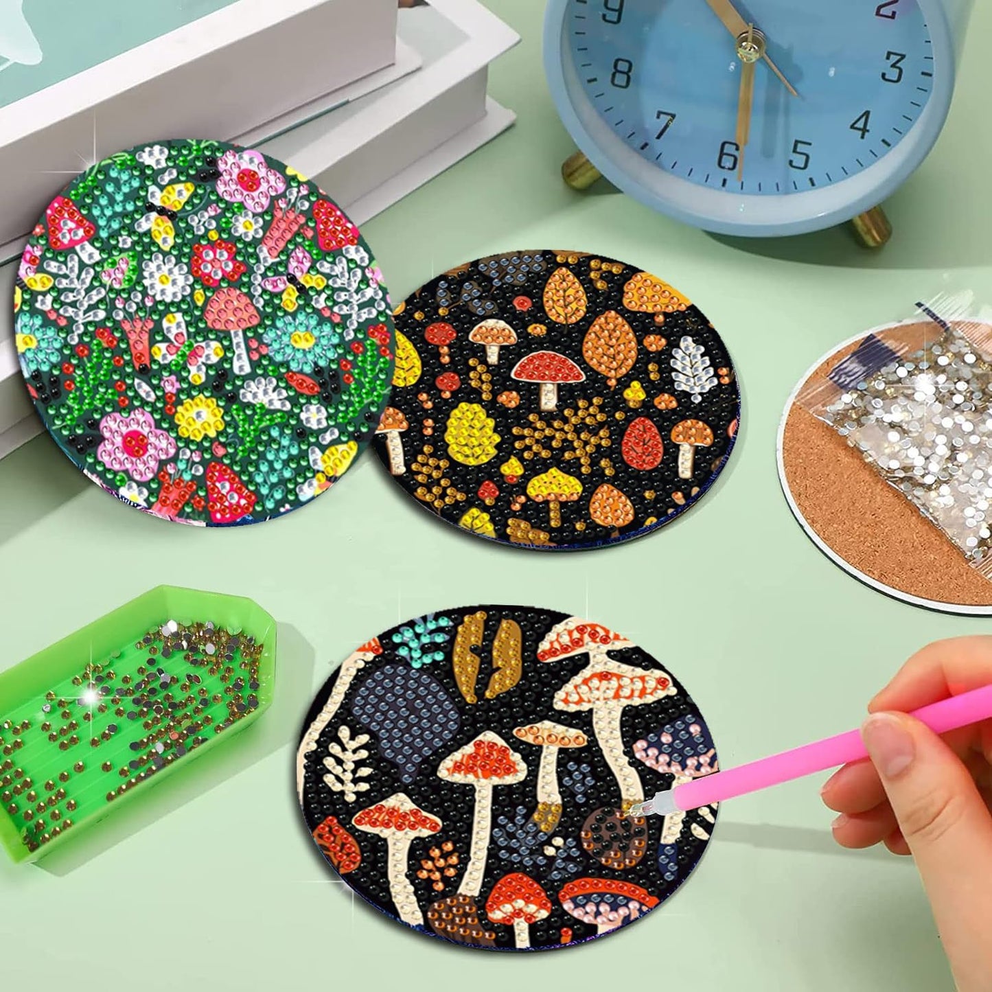 DOZEEZOP 8 PCS Diamond Art Coasters Kit, Mushroom Diamond Painting Coasters with Holder, Fall Diamond Art Kits for Adults Beginners, Arts and Crafts Supplies Party Item Sets