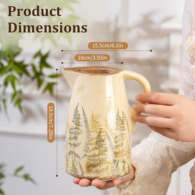 Vintage Ceramic Pitcher Vase with Handle, Farmhouse Green and Purple Large Floral Vases, French Country Decorative Vase, Rustic Table Centerpiece for Home Decor, Bookshelf, Office 7.3 Inch