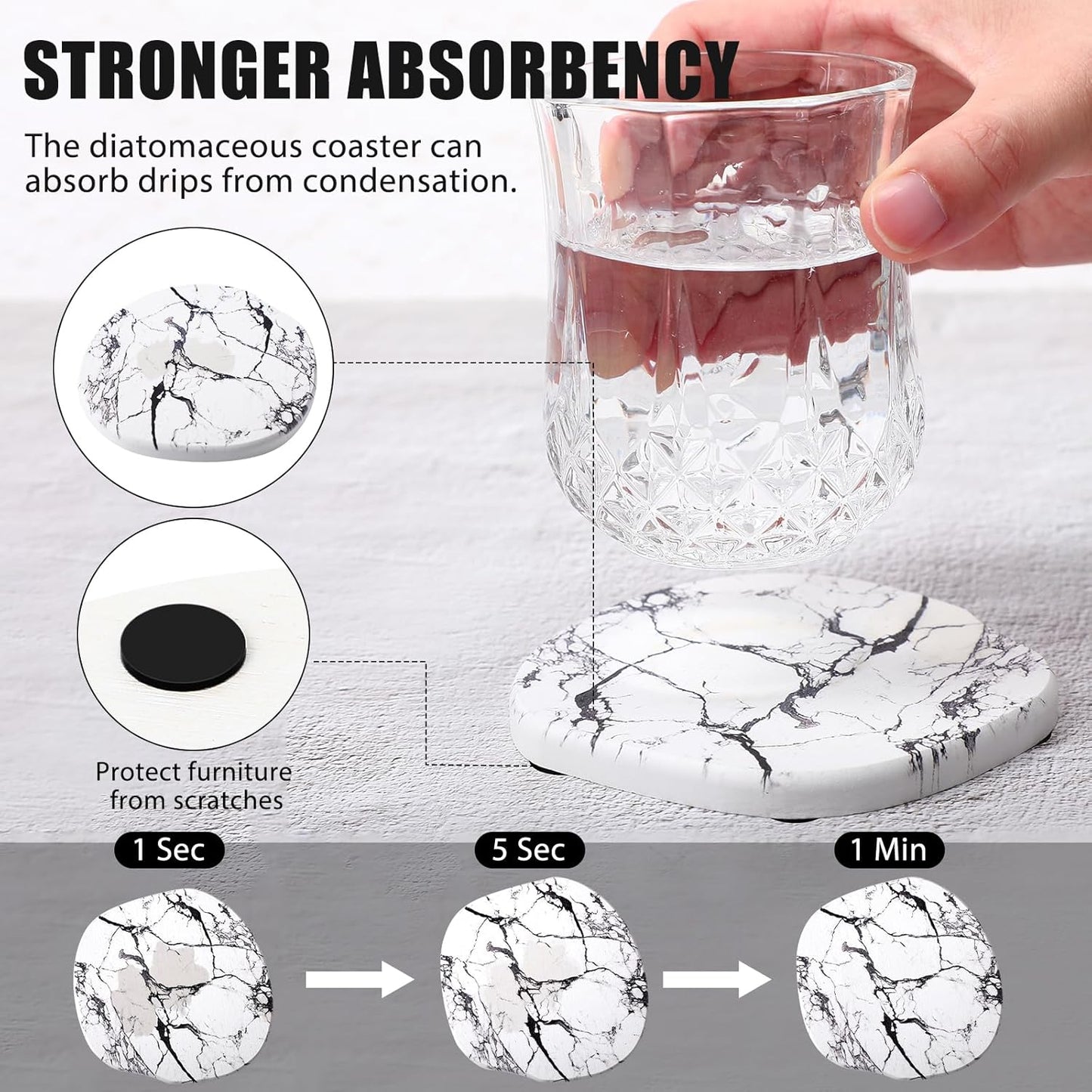 Diatomaceous Earth Coaster ，Set of 4，Unique White Absorbent Coasters for Drinks，Modern Aesthetic Instant Dry Stone Drink Coasters（4,Marble White）