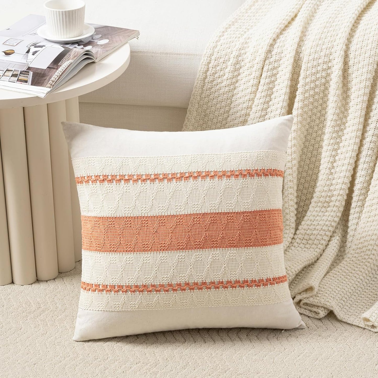 Fancy Homi Set of 2 Boho Coral Big Decorative Throw Pillow Cover 24x24 Inch for Couch Bed Bedroom, Aesthetic Modern Organic Farmhouse Room Decor, Soft Cotton Accent Macrame Woven Cushion Case