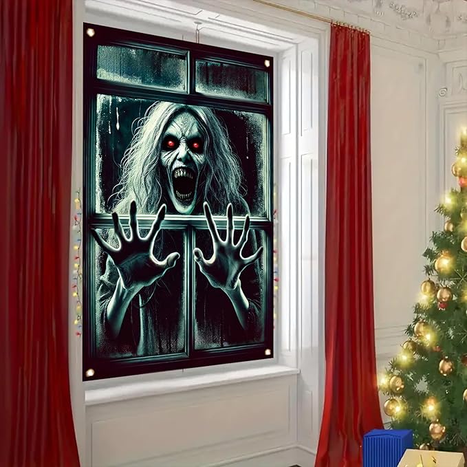 Window Cover Halloween 47x31 Inch Scary Red Eye Screaming Ghost Banner Creepy Horror Decoration for Haunted House Outdoor Indoor Poster Window Prop Decor