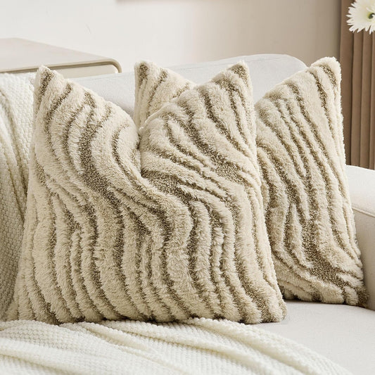 FUTEI Beige Decorative Throw Pillow Covers 20x20 Inch Set of 2,Soft Faux Fur Geometric Shapes Texture Cushion Case,Boho Home Decor for Couch Bed Living Room