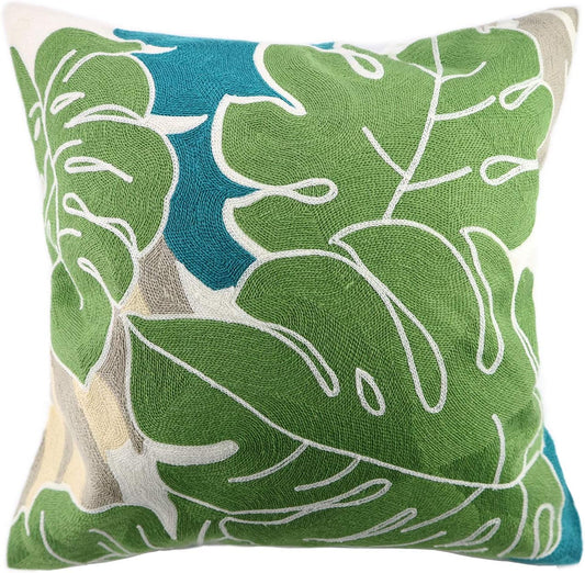 Embroidery Throw Pillow Cover Tropical Leaves 18x18 Inches Decorative Floor Pillow Cover for Couch 100% Cotton Cushion Cover Pillow Case Full Size Monstera Leaf Embroidered, Green, 1 Piece