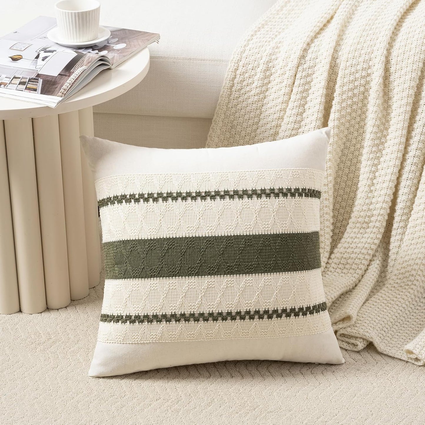 Fancy Homi Set of 2 Boho Olive Green Decorative Throw Pillow Cover 16x16 Inch for Couch Bed Sofa, Aesthetic Modern Organic Farmhouse Home Decor, Soft Cotton Cute Accent Macrame Woven Cushion Case