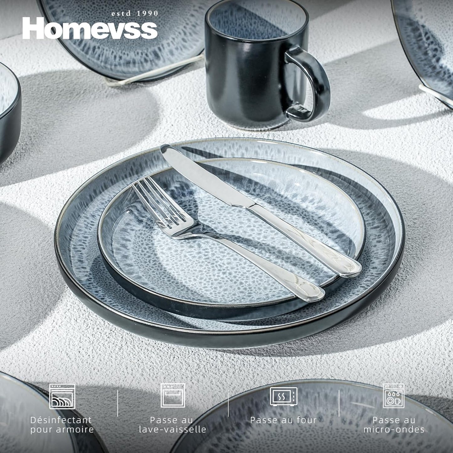 Euro-Nordic Stoneware 20pc Dinnerware Set, Reactive Glaze Bubble Frost