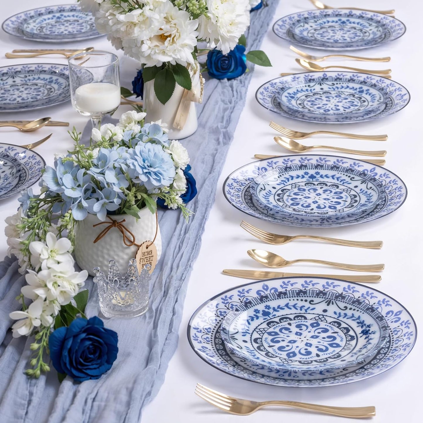 Hioasis 60pcs Blue Plastic Plates Set - Floral Blue & White Porcelain Design, 10.25" Dinner & 7.5" Dessert Plates Disposable for Wedding/Party (Dishwasher Safe, Traditional Style)