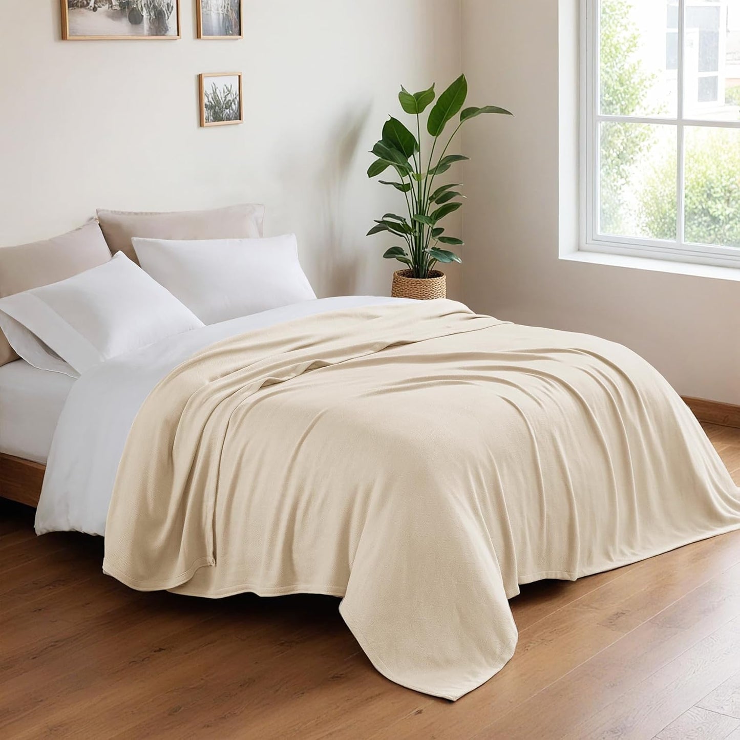 King Size Blanket, 70% Rayon (Derived from Bamboo) and 30% Cotton, Lightweight Jacquard Weave, Breathable and Soft Summer Blanket for Bed or Couch, 108” x 90”, Ivory