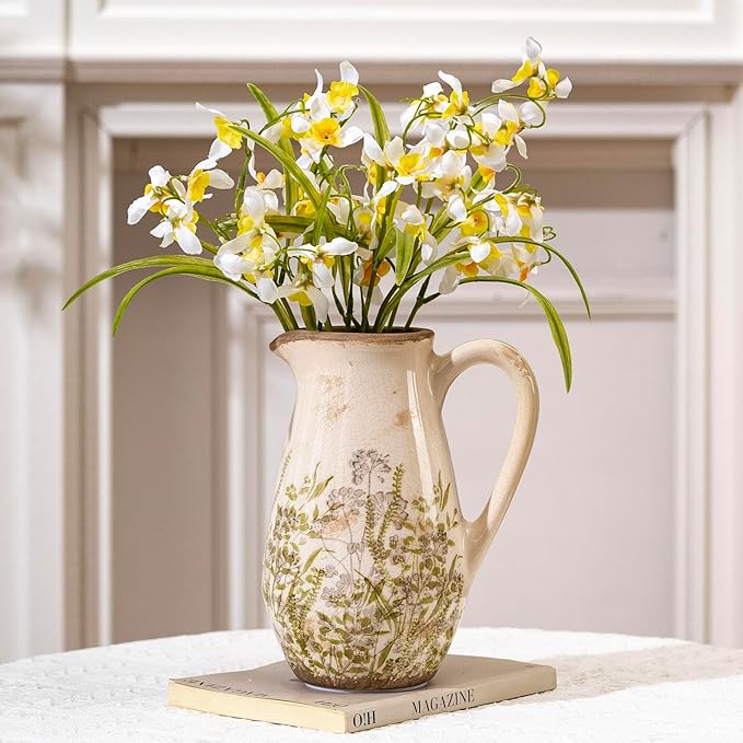 Vintage Green and Beige Ceramic Pitcher Vase with Handle, Farmhouse Floral Decorative Vase, Rustic Table Centerpiece for Home Decor, Living Room, French Country Grand Millennial Decor 8.7 in