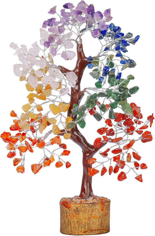 Crystal Chakra Tree for Reiki Healing - Premium Meditation Decor - Seven Chakra Tree Wrapped On Silver Wires - Feng Shui Bonsai Money Tree of Life Decor Home Office Crystal Gifts