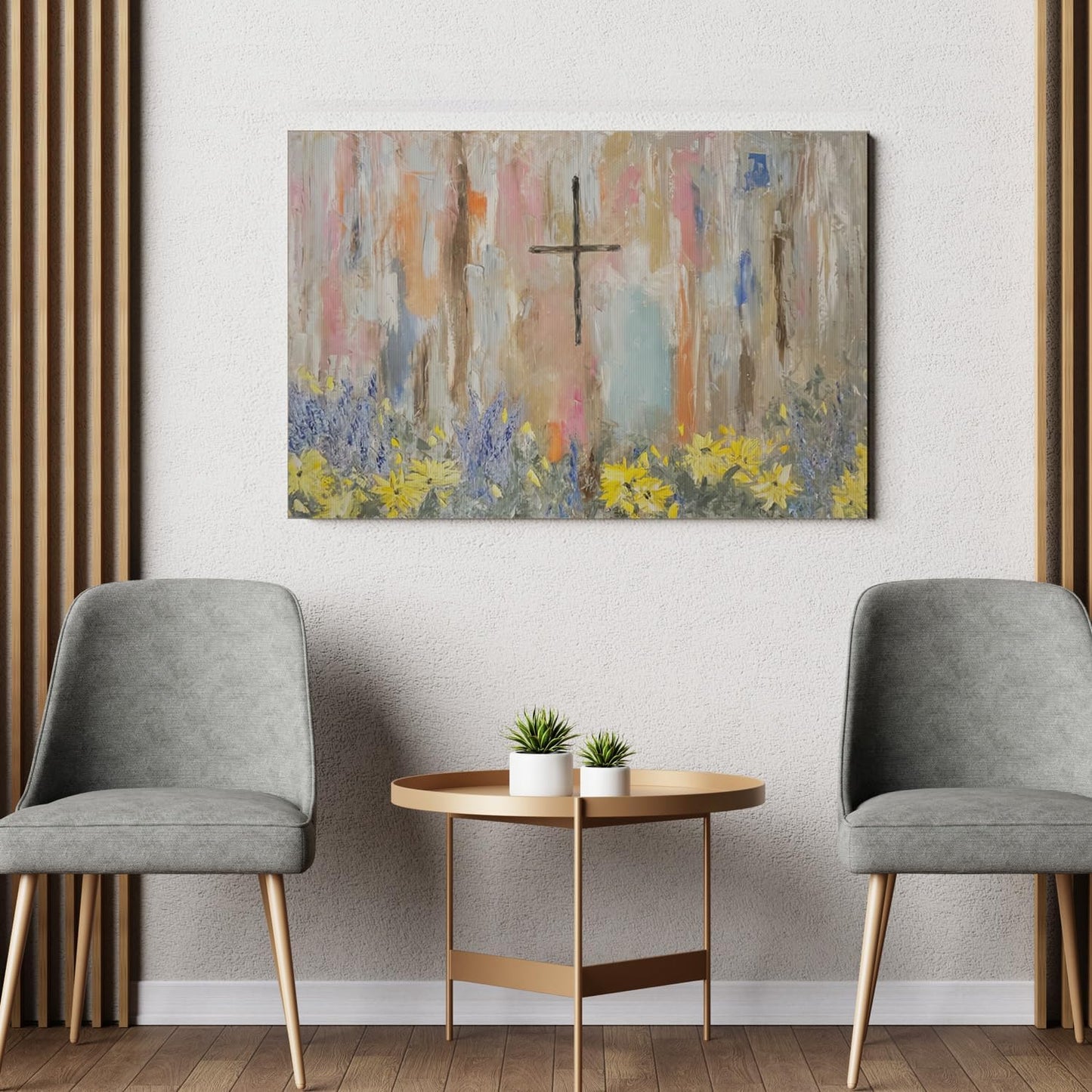 Framed Cross Flower Wall Art Christian Floral Oil Painting Canvas Prints Abstract Religious Posters Church Graffiti Pictures Wall Decor Ready To Hang (12x16in Framed)
