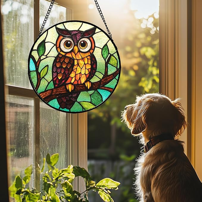 Stained Glass Window Hanging - Owl on a Branch Suncatcher for Doors Window Home Orange Brown Sun Catchers Decor Christmas Mother's Day Birthday Gifts for Teacher Women Men Mom Nana 6.3 in