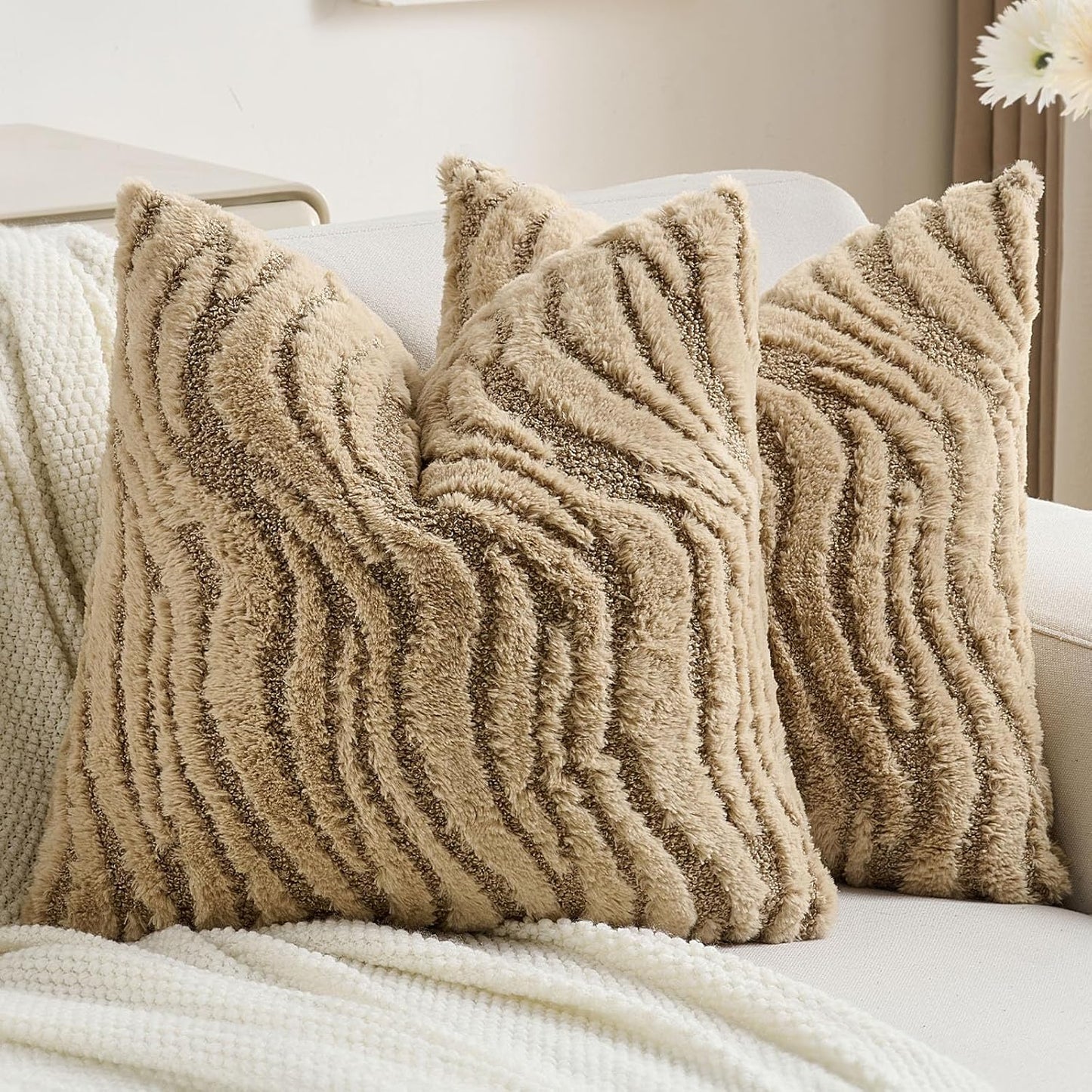 FUTEI Khaki Decorative Throw Pillow Covers 16x16 Inch Set of 2,Soft Faux Fur Geometric Shapes Texture Cushion Case,Boho Home Decor for Couch Bed Living Room