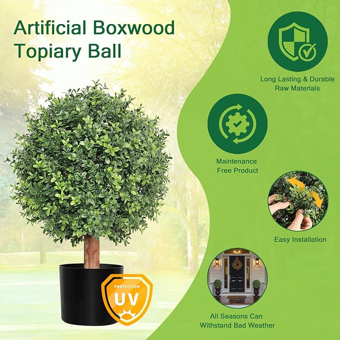 26 Inch Artificial Topiary Boxwood Ball Trees Outdoor – Set of 2 UV Resistant Faux Boxwood Topiary, Fake Potted Shrubs Evergreen for Front Door Porch Patio Balcony Home Decoration