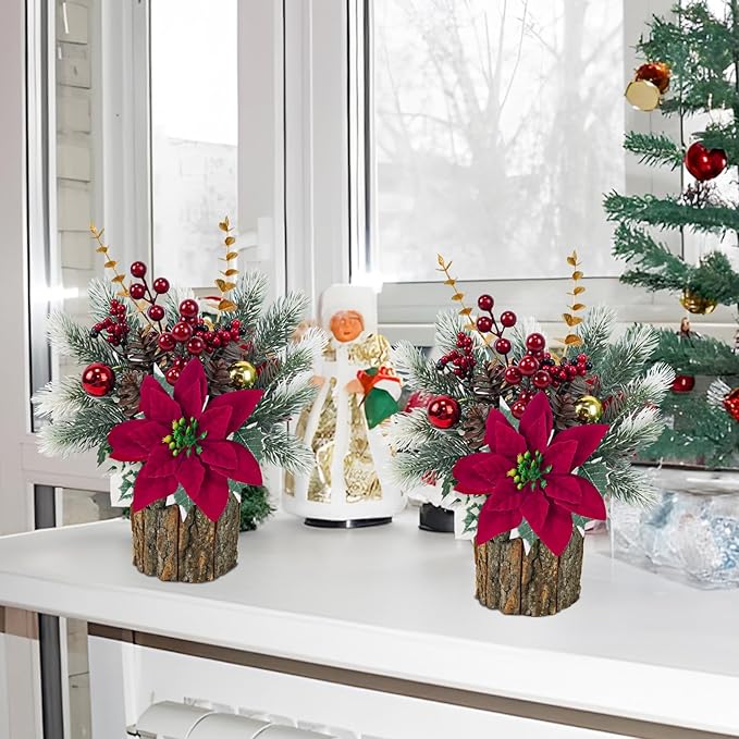 TORONTOKYO Small Christmas Plants Artificial with Wooden Pot, 13inch Mini Tabletop Christmas Tree with Red Poinsettia, Berries and Pine Cones for Home Desk Office Indoor Xmas Decor