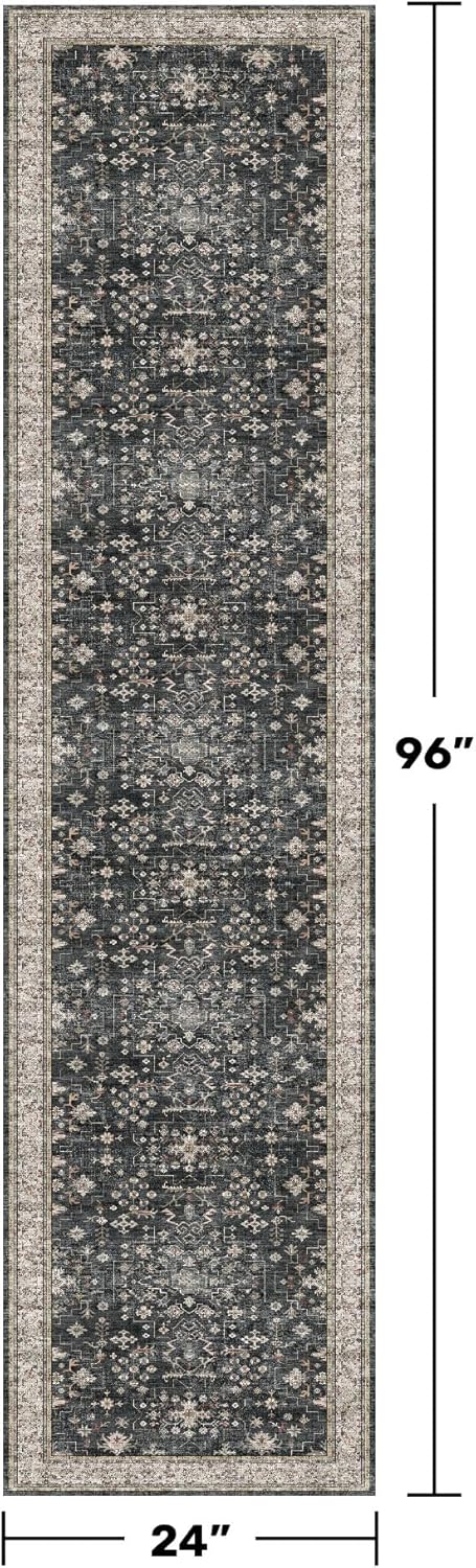 Black Washable 8ft Long Runners for Hallways, 2x8 Kitchen Runner Rug, Entryway Indoor Runner for Bathroom, Non Slip Boho Vintage Floor Décor for High Traffic Area