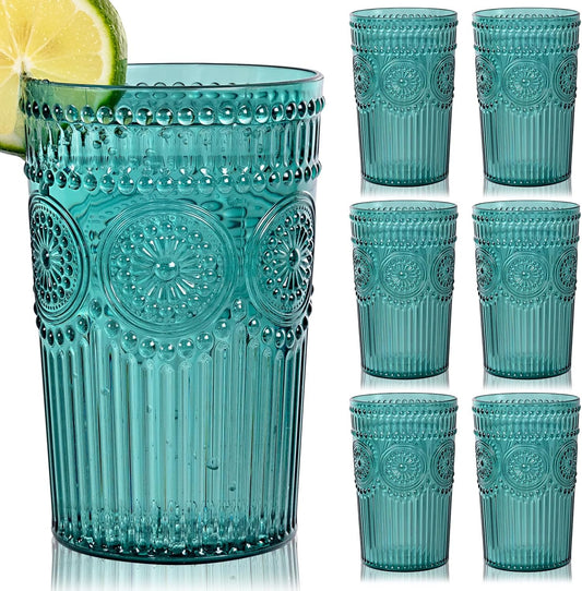 Ciaell 12 Pack Romantic Plastic Water Glasses - 14 Oz Green Vintage Drinking Glasses, Embossed Ribbed Plastic Cups, Textured Striped Set for Juice, Beverages, Beer, Cocktail, Christmas