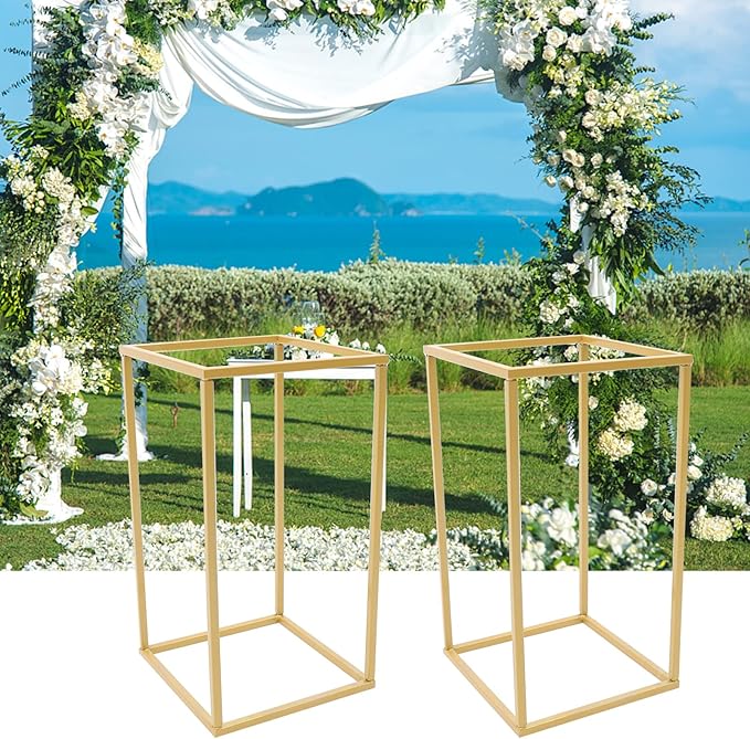 Metal Flower Stand for Wedding Centerpieces - Rectangular Geometric Gold Vase Stands for Home Party Event (2 Pcs, 15.74 inch)