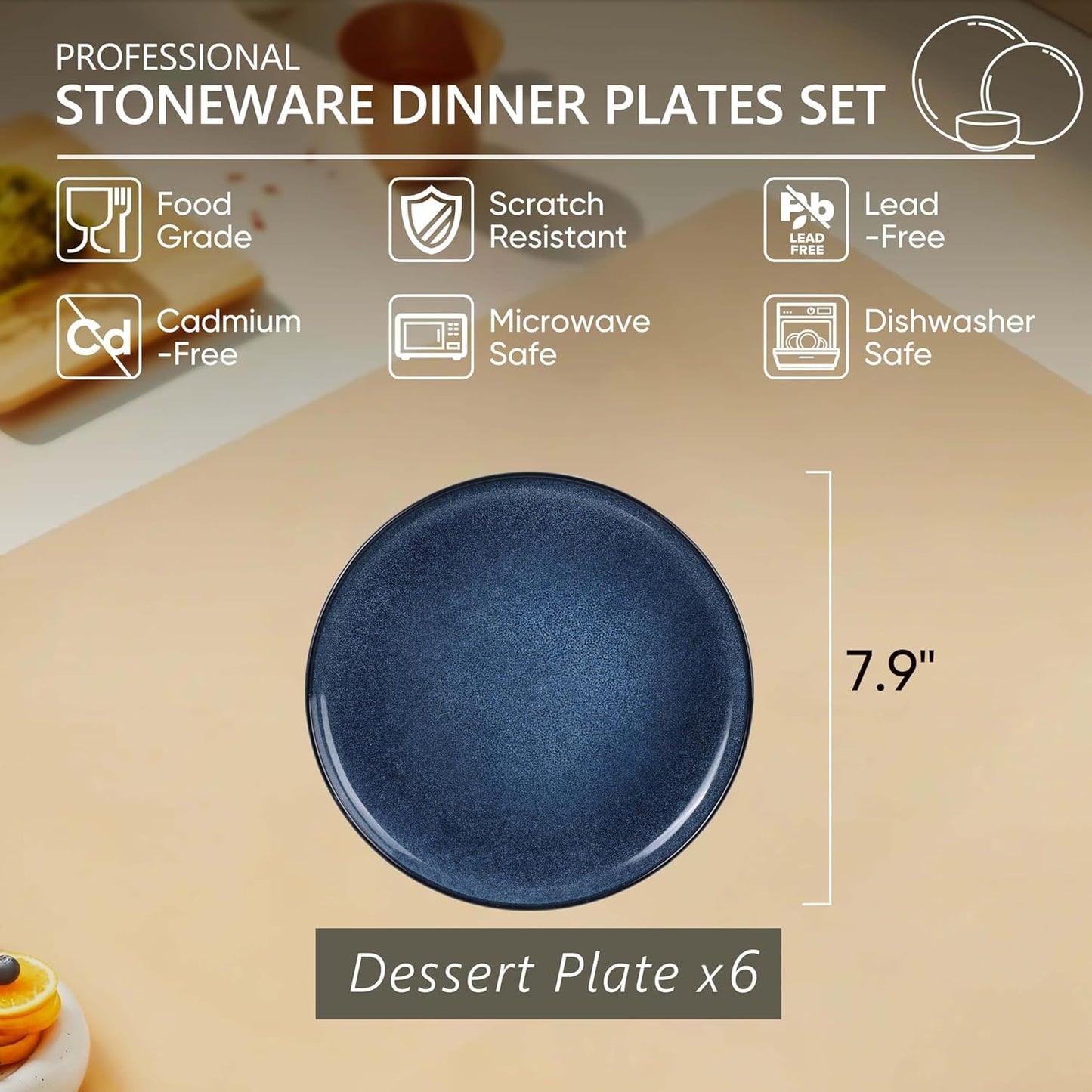 Herogo 6-Piece Stoneware Small Dinner Plates Set, 7.9" Ceramic Round Dessert Plate Set, Double Reactive Glaze Large Dinnerware Plates for Kitchen, Microwave, Oven and Dishwasher Safe, Starry Blue