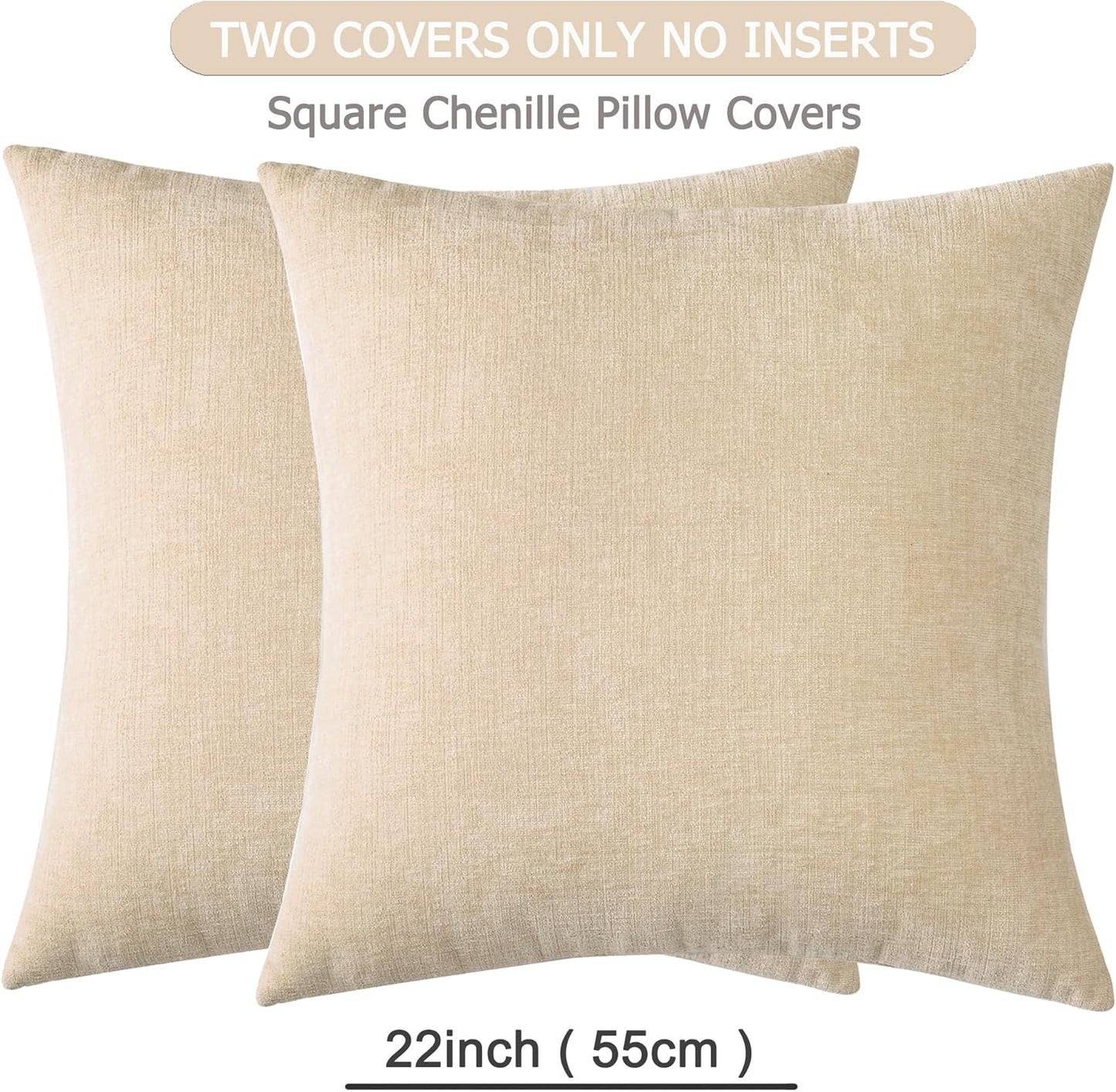 GAWAMAY Decorative Square Throw Pillow Covers 22"x22" Inch Set of 2, Super Soft Chenille Pillows Farmhouse Fall Pillowcase for Living Room Bedroom Sofa Couch Cushion Cover Beige 55x55cm (No Insert)
