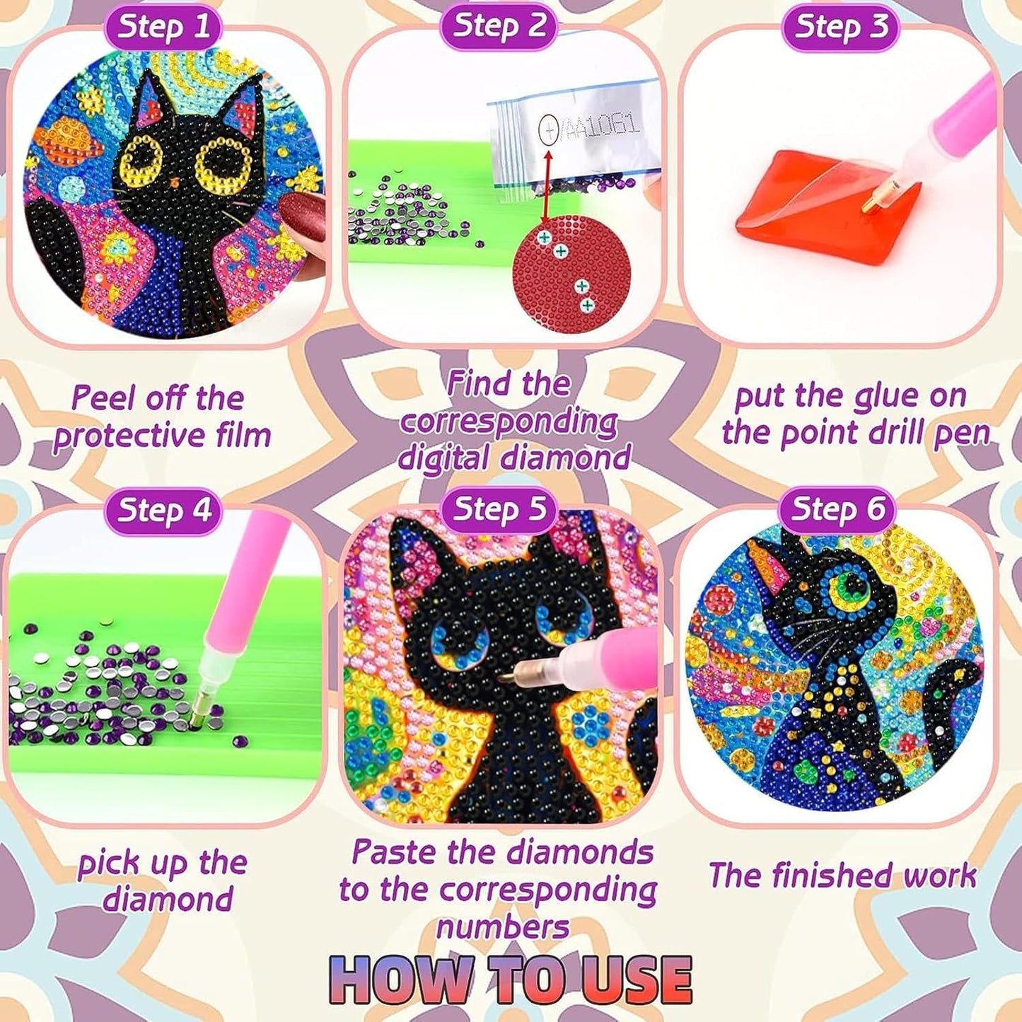 DOZEEZOP 8 PCS Diamond Art Coasters Kit, Cat Diamond Painting Coasters with Holder, Fall Diamond Art Kits for Adults Beginners, Arts and Crafts Supplies Black Astral Cat Animals