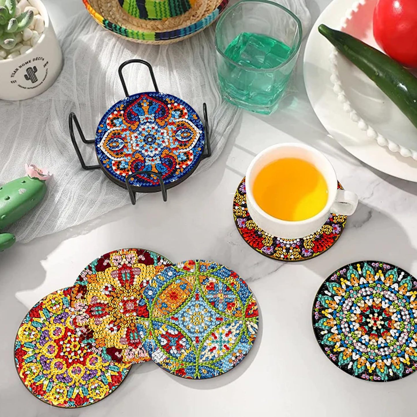 EWJRNSF 10 PCS Diamond Art Coasters Kit, Small Diamond Painting Coasters, Fall Diamond Art Kits for Adults Beginners, Arts and Crafts Supplies Item Sets with Holder Mandala