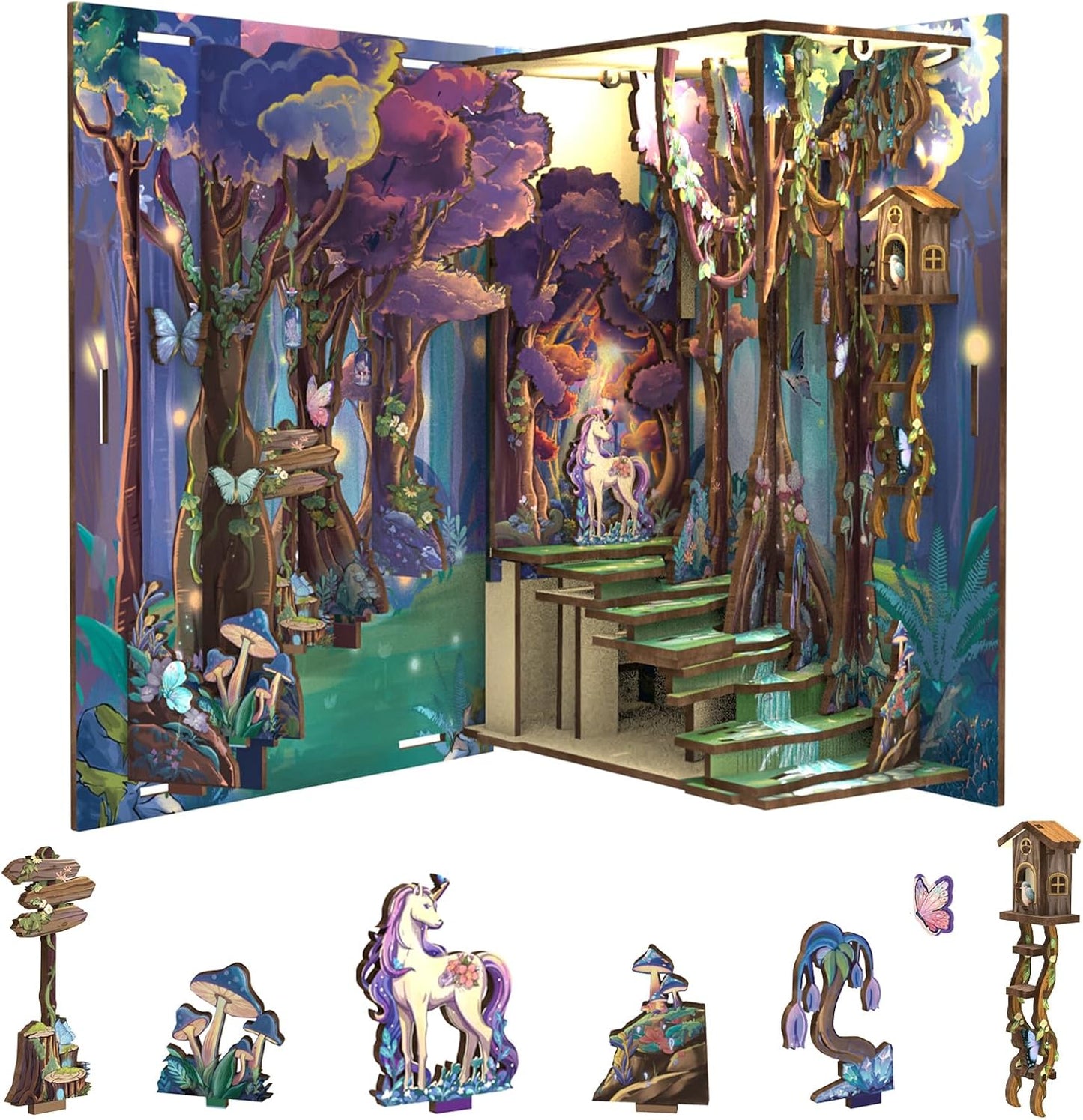 Cutefun Book Nook Kit, DIY Miniature Dollhouse Kit for Adults and Teens, 3D Wooden Puzzle Bookends, Bookshelf Insert Decor w/LED Light Dust Cover, Christmas Birthday Gifts (Forest Unicorn)