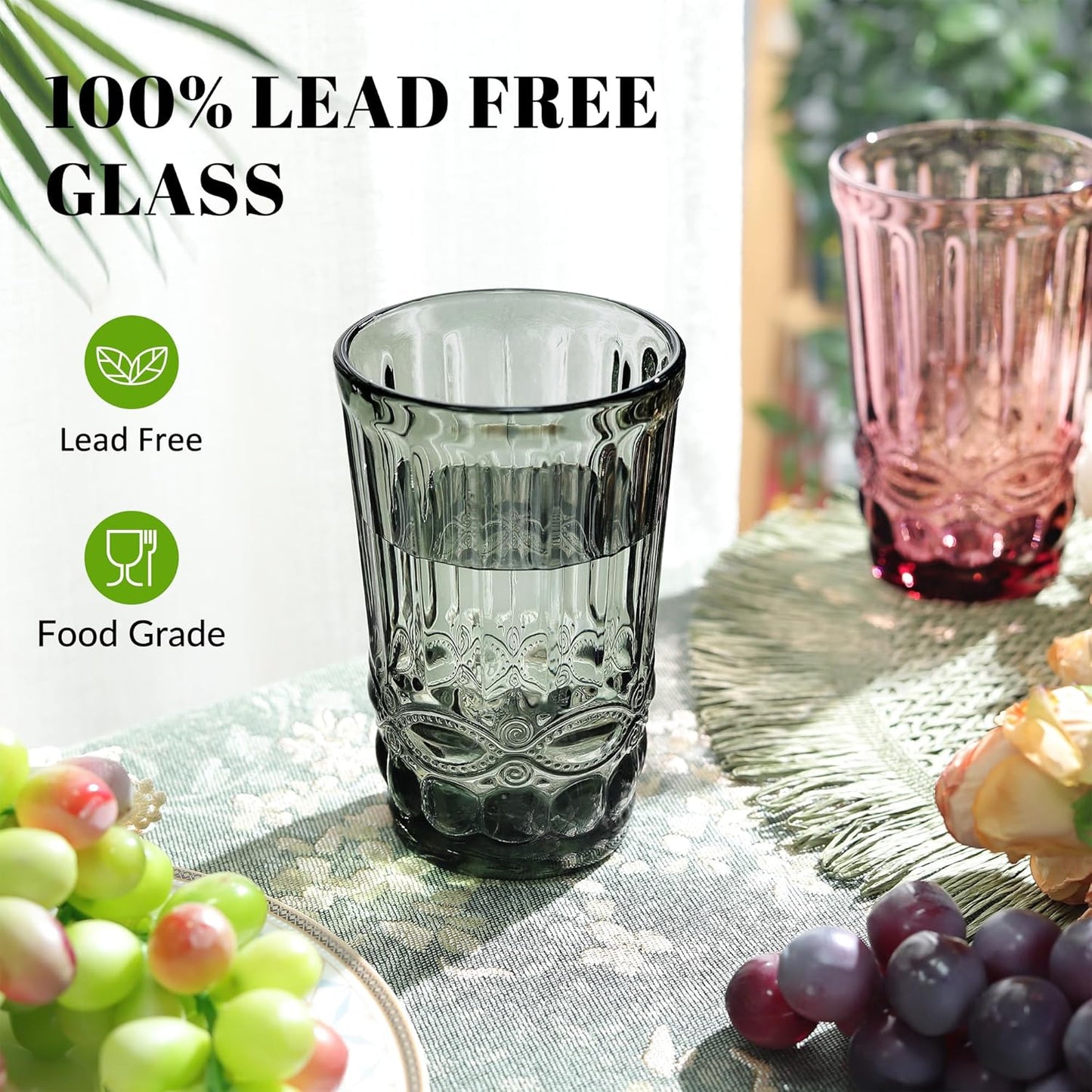 Joeyan Vintage Drinking Glasses Set of 4, 14oz Highball Glass Water Tumbler with Embossed Serpentine Pattern, Colored Tall Glassware Beverages Cups for Christmas Wedding Party Banquet, Multicolor