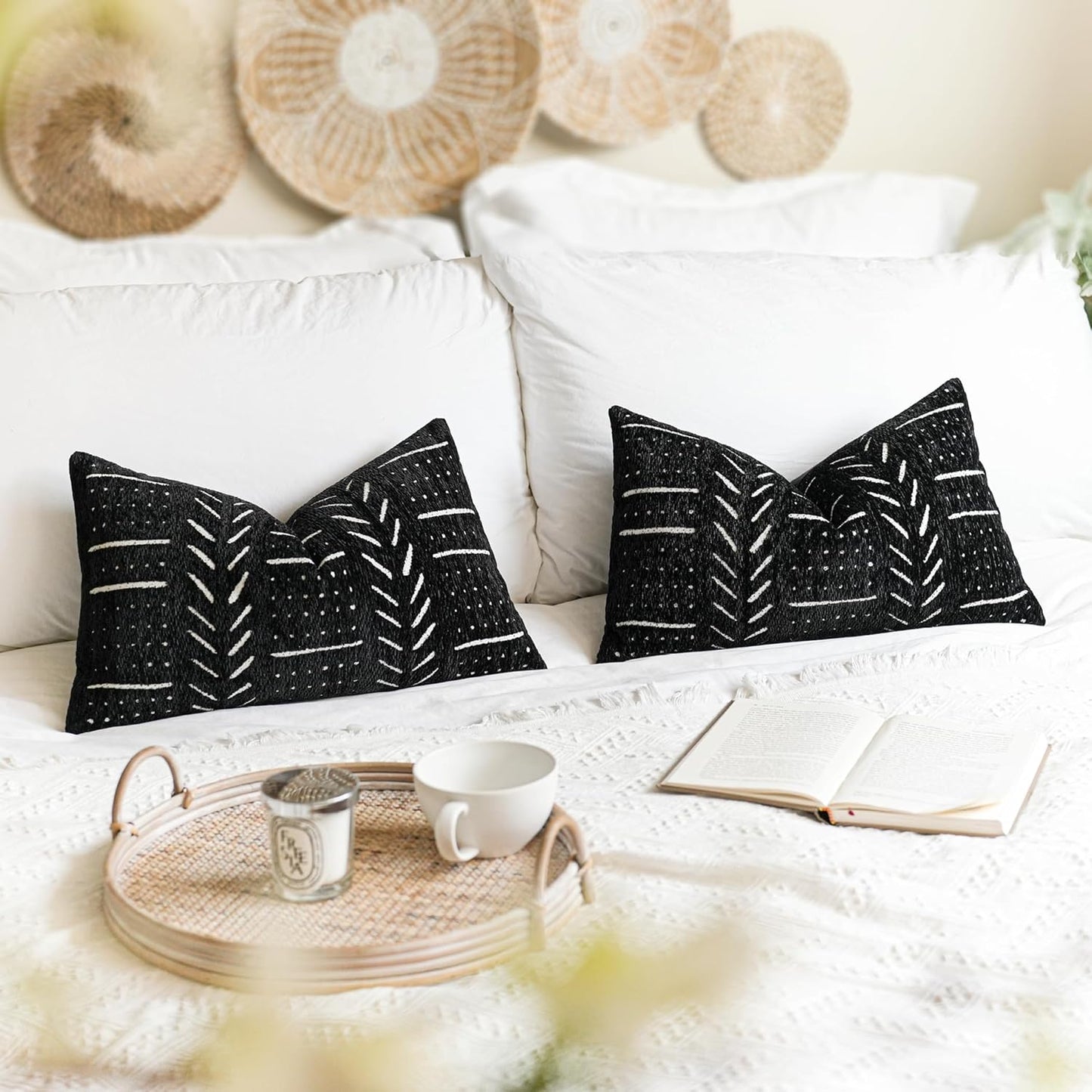BlissBlush Black Decorative Lumbar Throw Pillow Covers 12X20, Set of 2, Boho Farmhouse Cushion Cover, Soft Accent Pillowcase for Couch Sofa Bed Living Room Home Décor